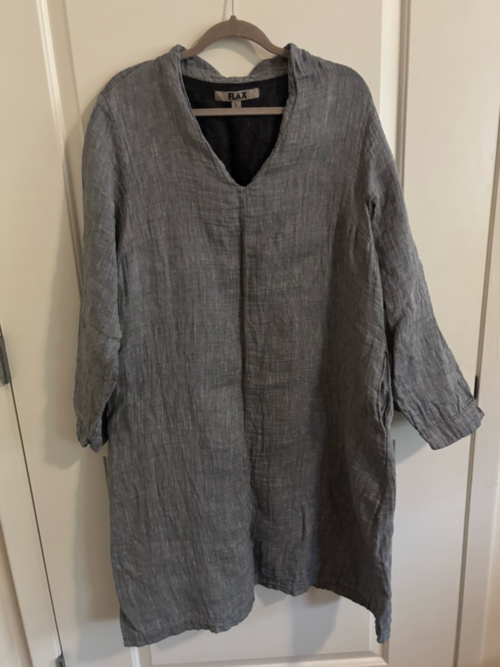 FLAX Gray Linen Tunic Dress 100% Linen, V-neckline, relaxed, loose fits, pockets